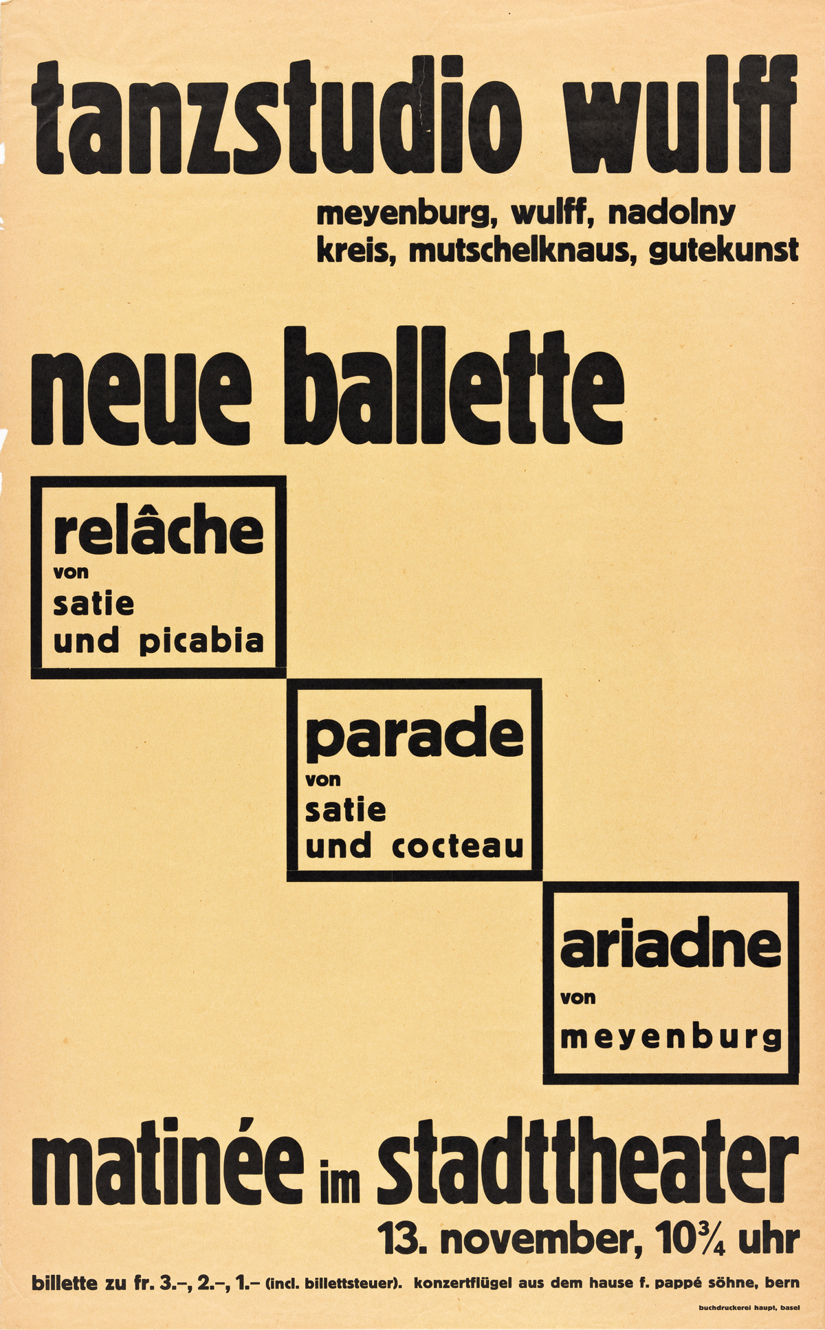 DESIGNER UNKNOWN.  TANZSTUDIO WULFF / NEUE BALLETTE. Circa 1932. 31¼x19½ inches, 79¼x49½ cm. Buchdruckerei Haupt, Basel.